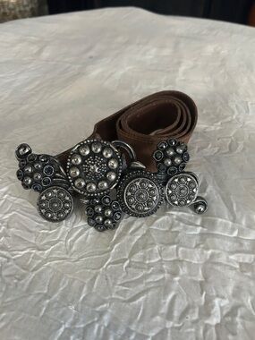 Leatherock Brown Leather Belt with Ornate Silver Concho Cluster Buckle M